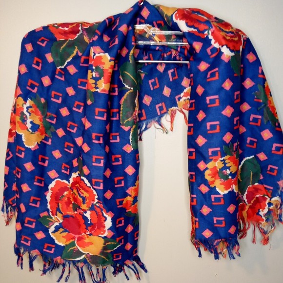 Women's Floral Blue Short Drape Scarf Poncho - Picture 4 of 7